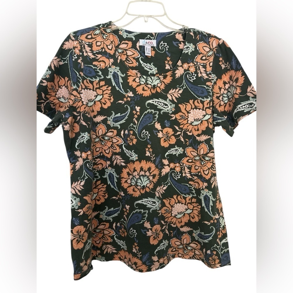 Denim & company Floral Paisley Navy and Orange Tee shirt NWOT